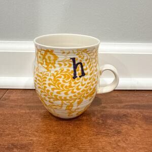 Anthropologie Homegrown Monogram H Mug Yellow Floral Stoneware EUC